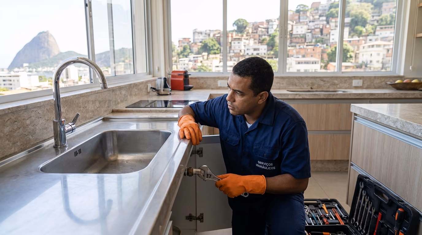Encanador realizando serviço hidráulico no Rio de Janeiro